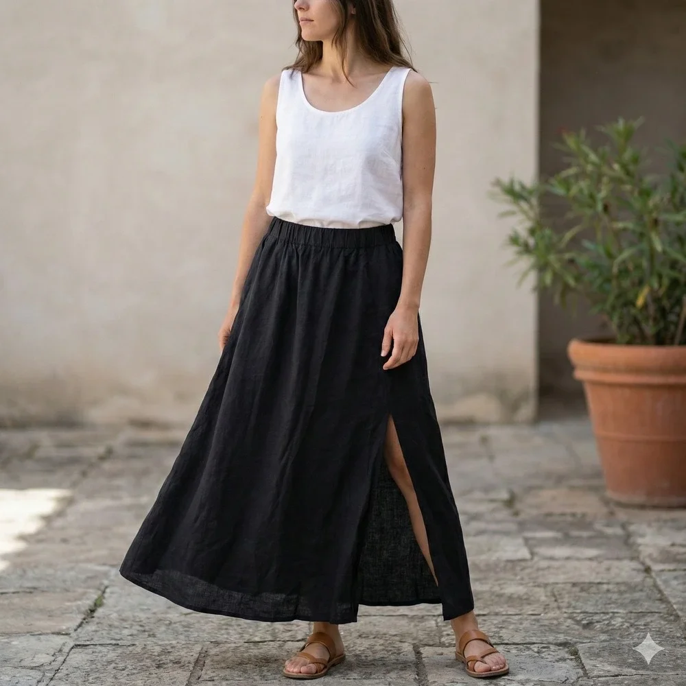 Quince 100% European Linen Maxi Skirt Womens XL Black Elastic Waist Side Slit